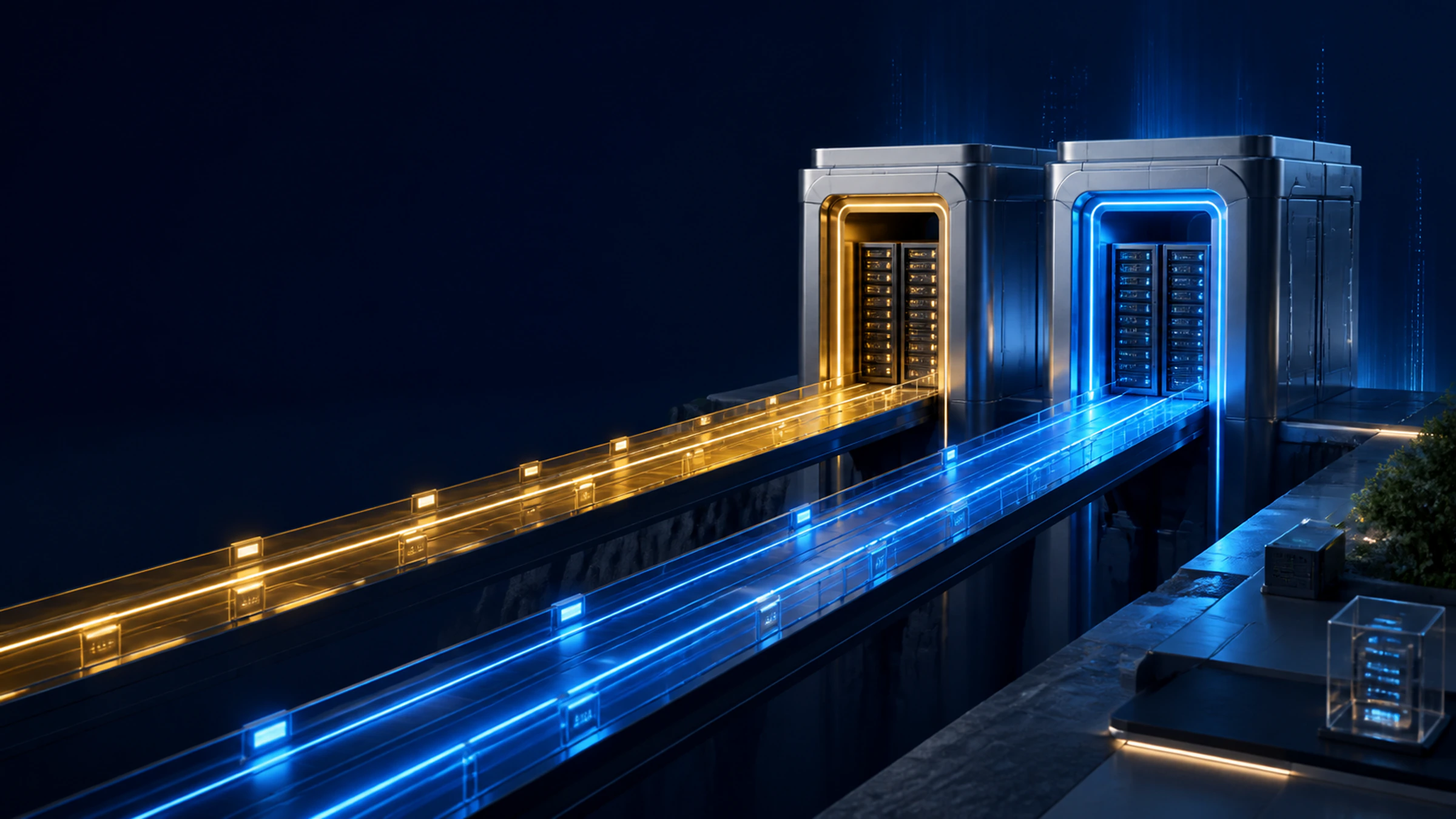 Paired infrastructure paths converging on a stable recovered service.