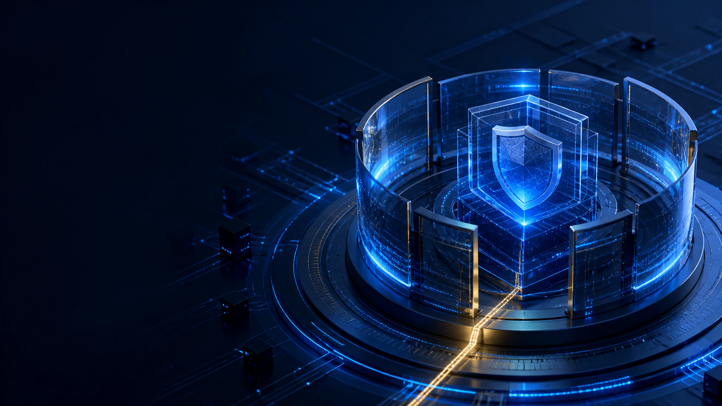 Layered glass and metal cyber-defense structure with controlled blue and gold signal paths.