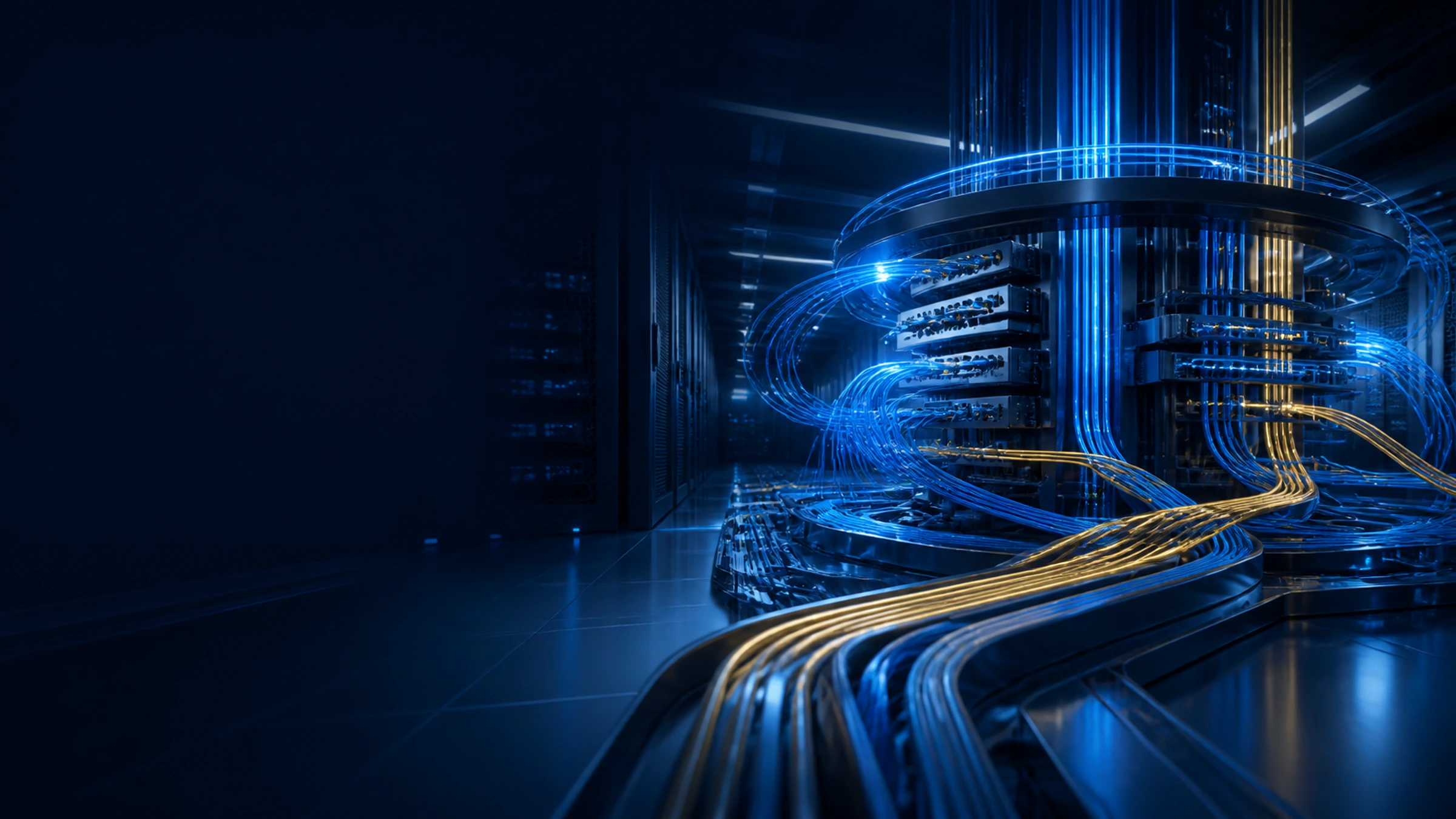 Resilient network core with engineered blue and gold data paths.
