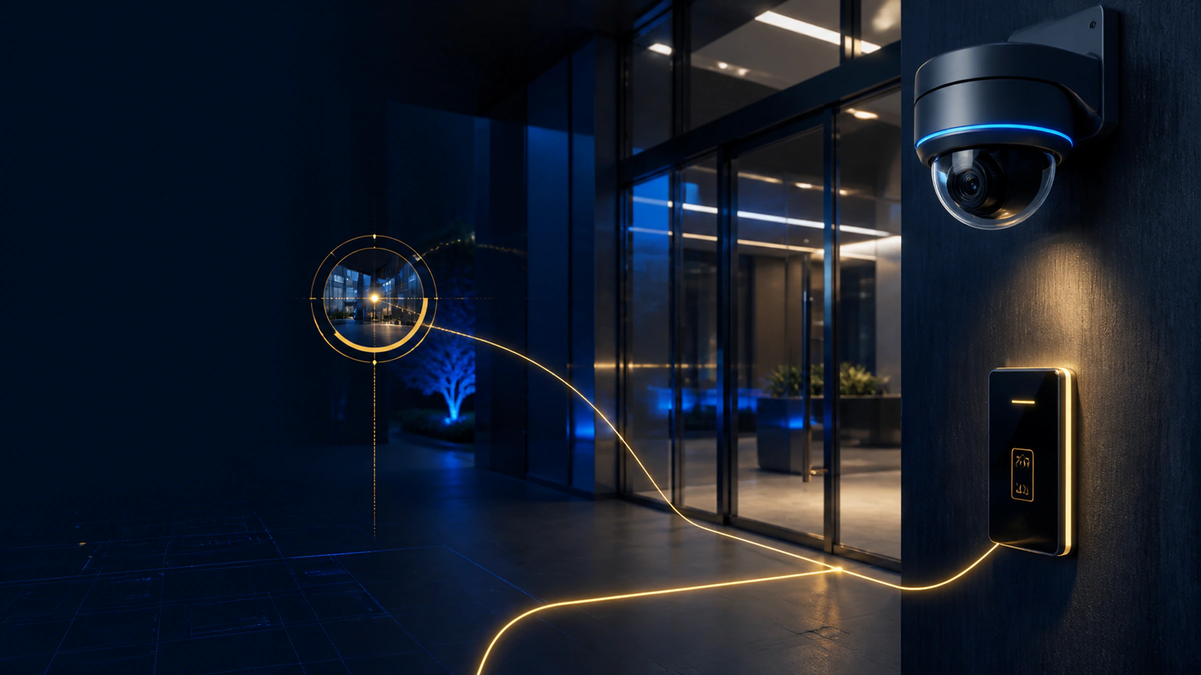 Integrated video surveillance and controlled entry at a modern commercial facility.