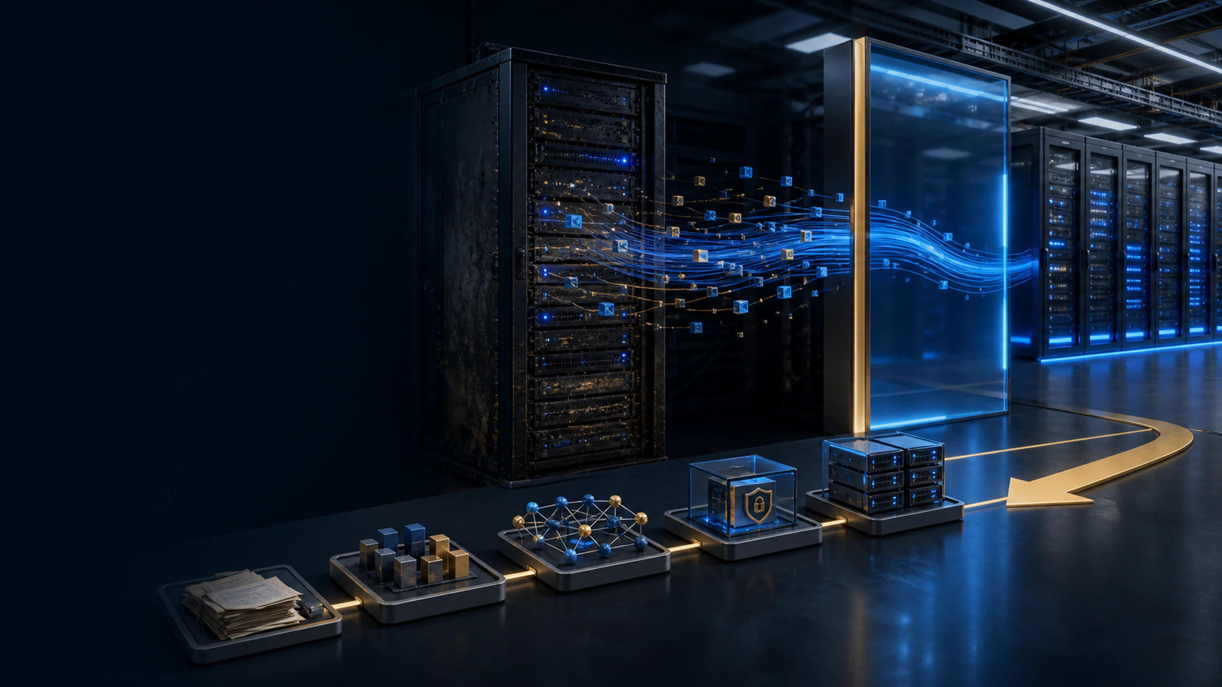 A legacy server estate moving through verified migration gates into modern infrastructure.