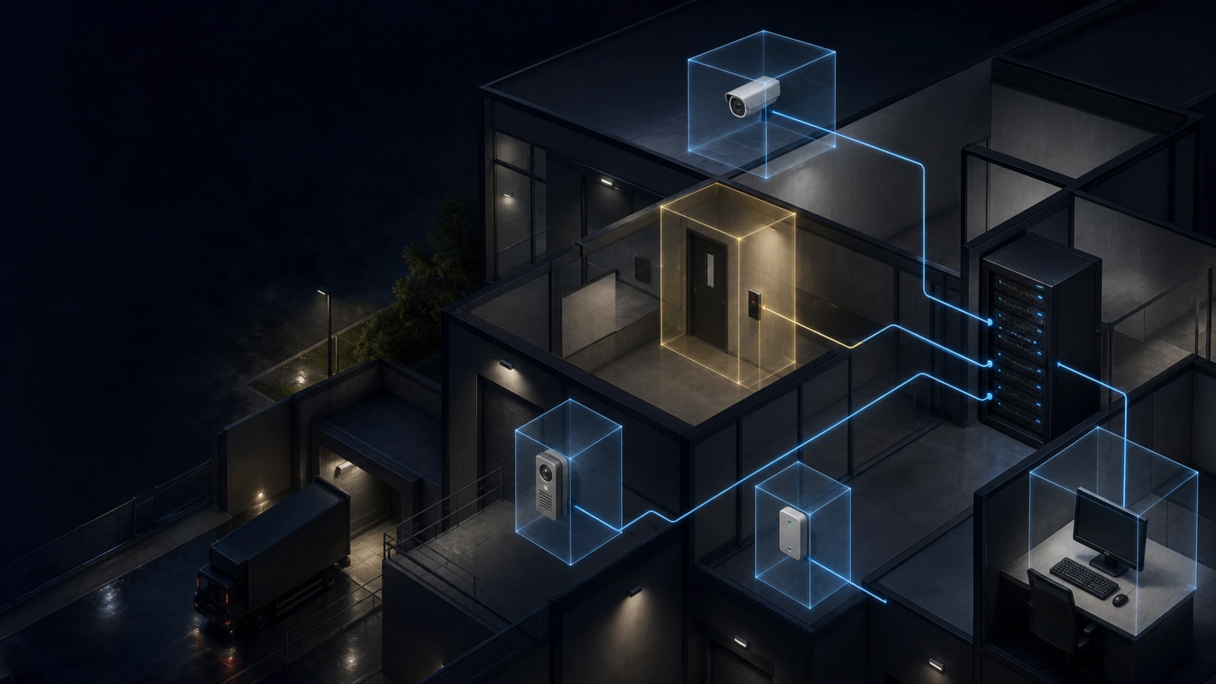 Each connected security device operating inside a tightly scoped network permission envelope.