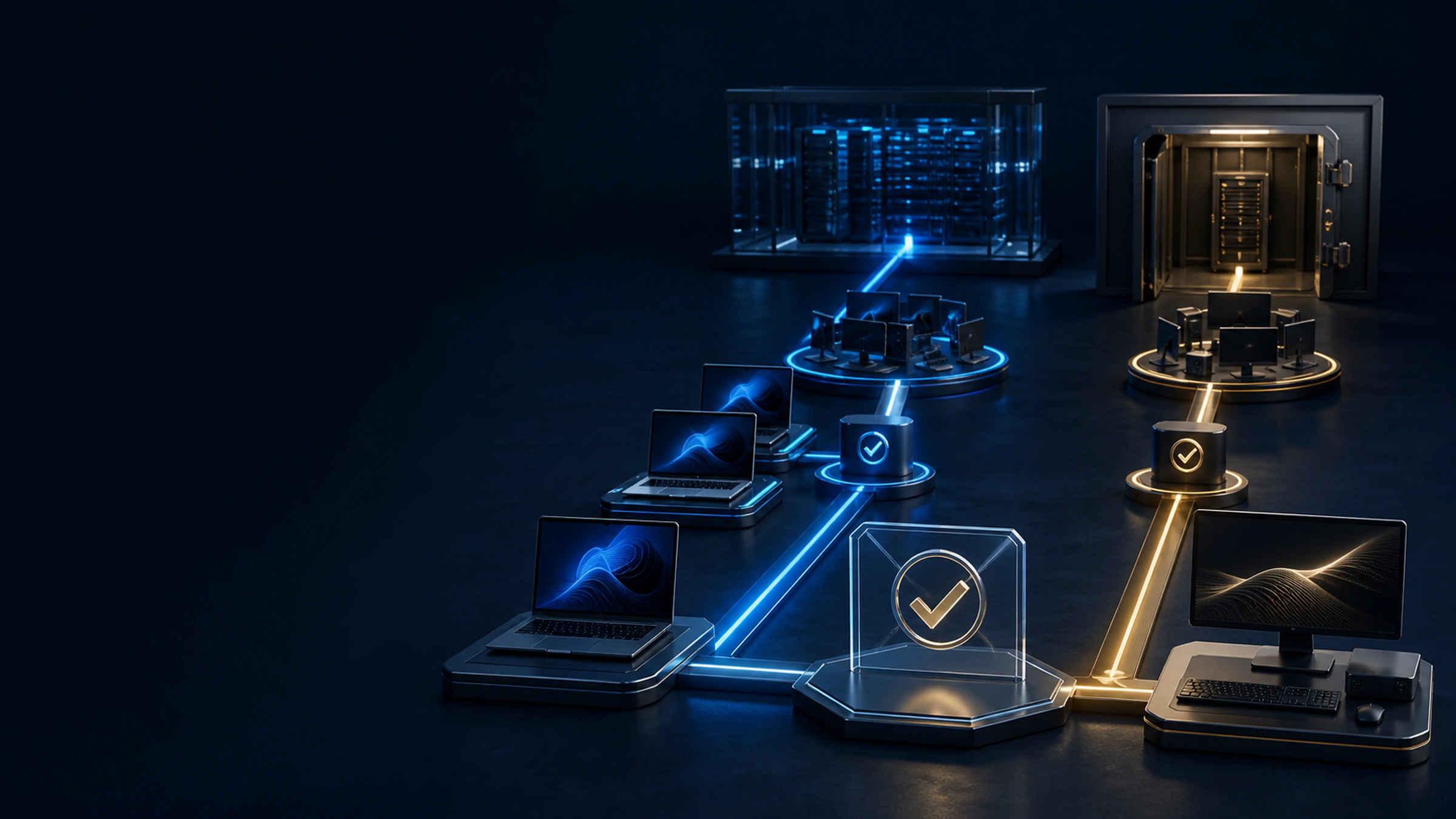Separate enterprise endpoint lifecycle lanes passing through controlled support decision gates.