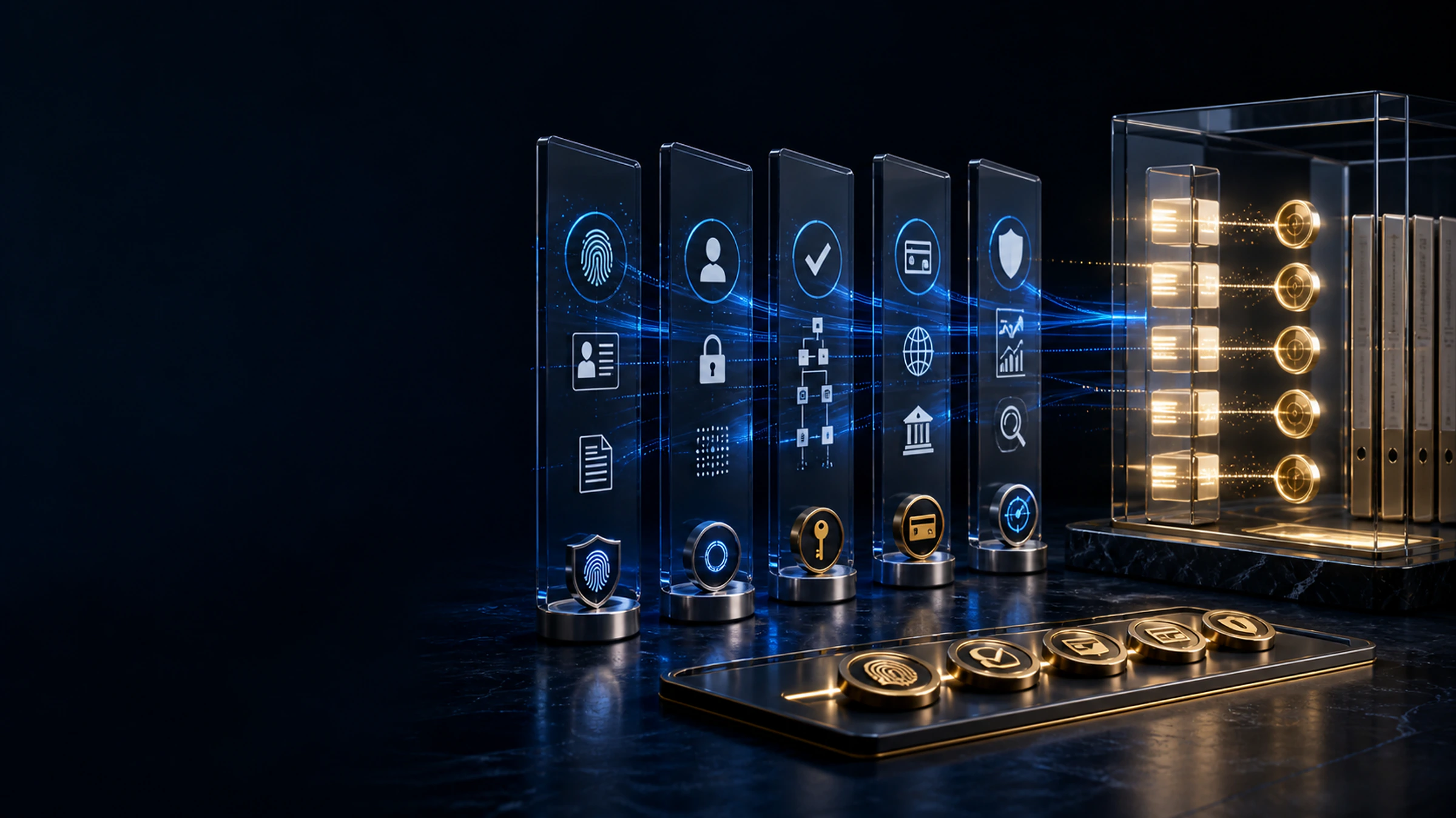 Layered financial-sector authentication controls converging into an auditable evidence trail.